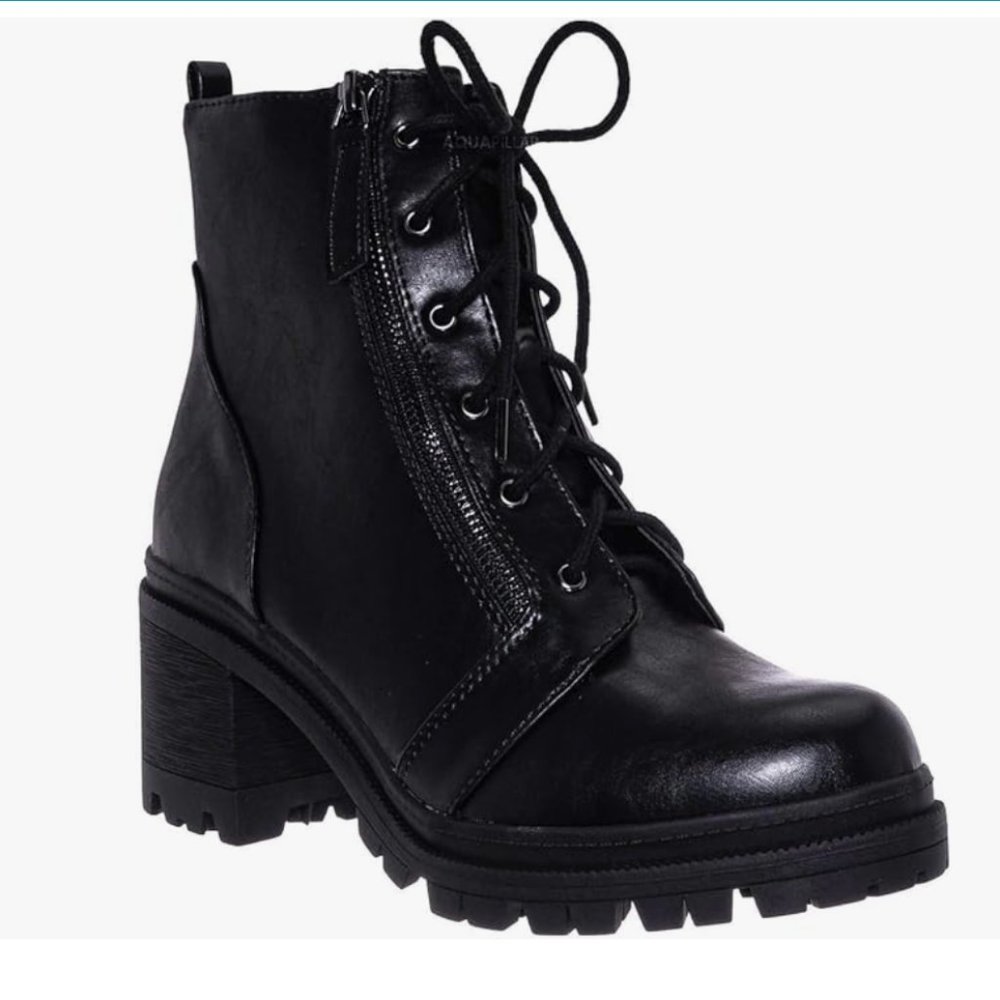 Soda Aquapillar Lace Up Combat Bootie -Threaded Lug Sole Chunky Block High Heel